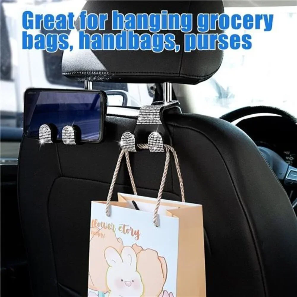 Bling Car Seat Hooks (2 Pack) Bling Rhinestone Crystal Hanger 2-Hooks Per Hanger